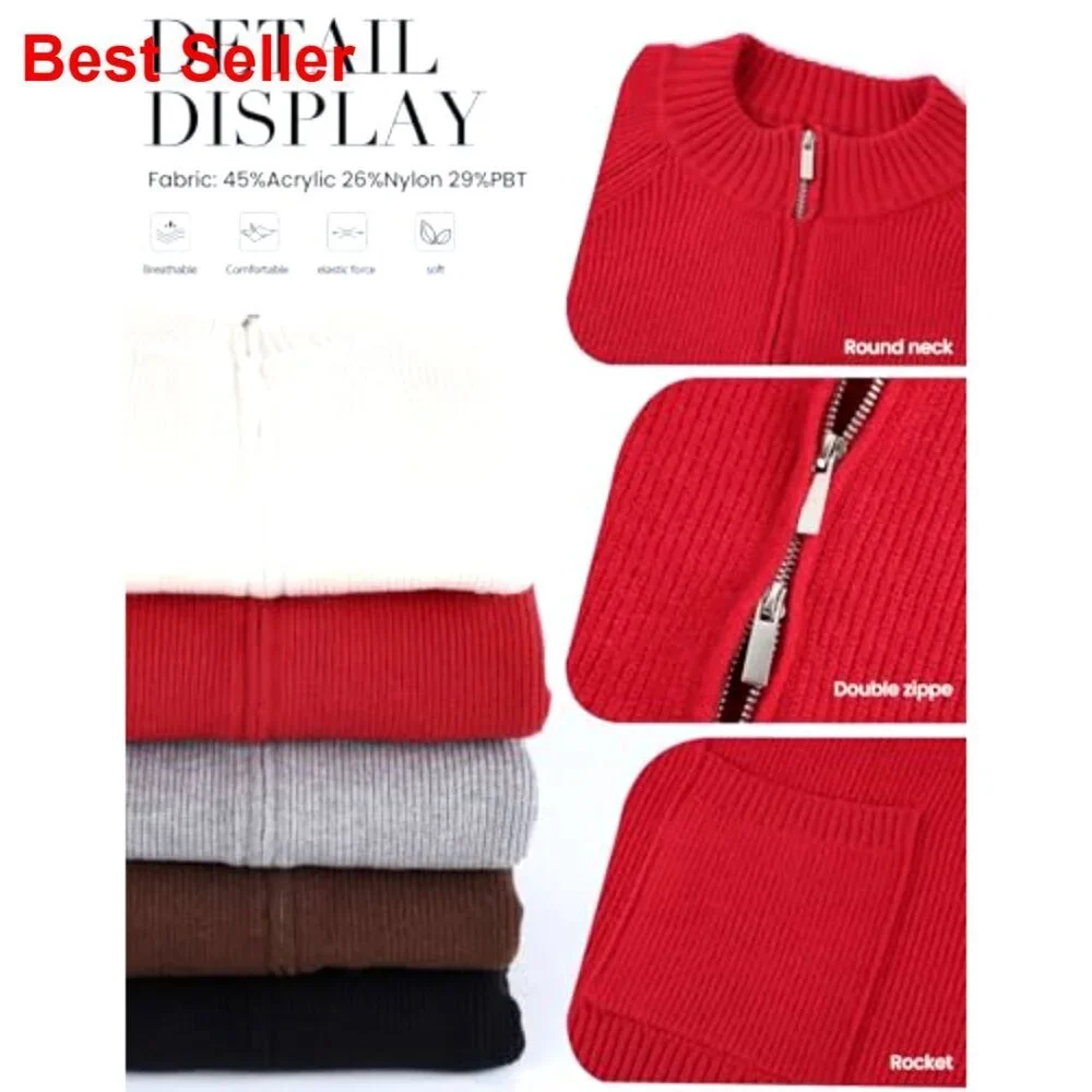 Chunky Knit Cropped Cardigan with Pockets, Zip Front, Mock Neck
